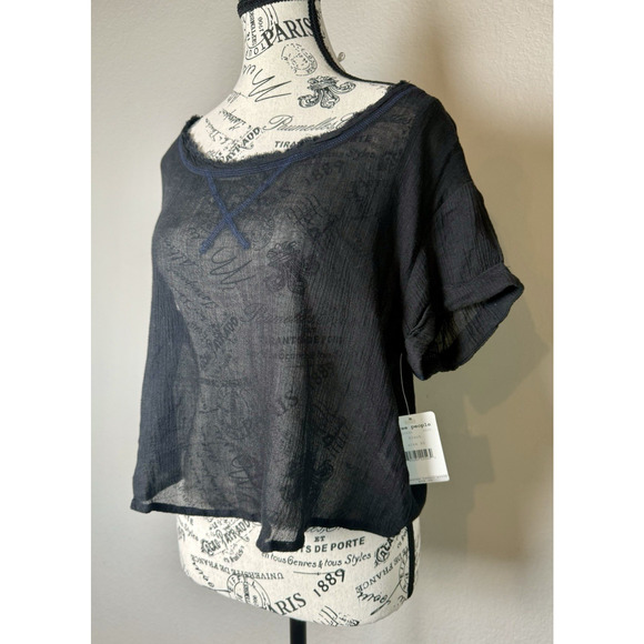 We The Free Women’s Short Sleeve Frayed Black Semi Sheer Shirt Top Oversized XS - Picture 3 of 13